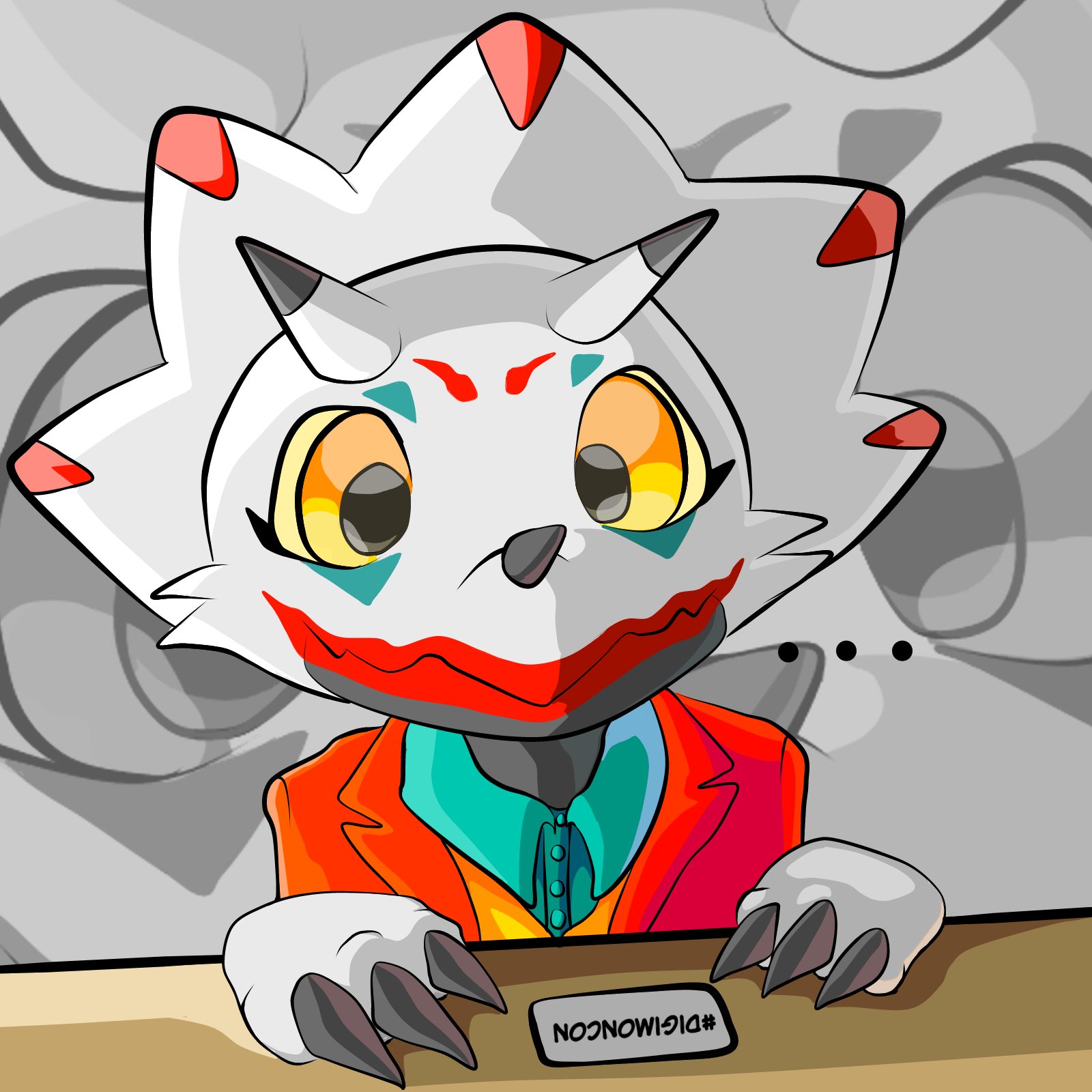 1other claws cosplay digimon digimon_(creature) dinosaur gammamon highres joker_(dc)_(cosplay) meme other_focus solo the_joker
