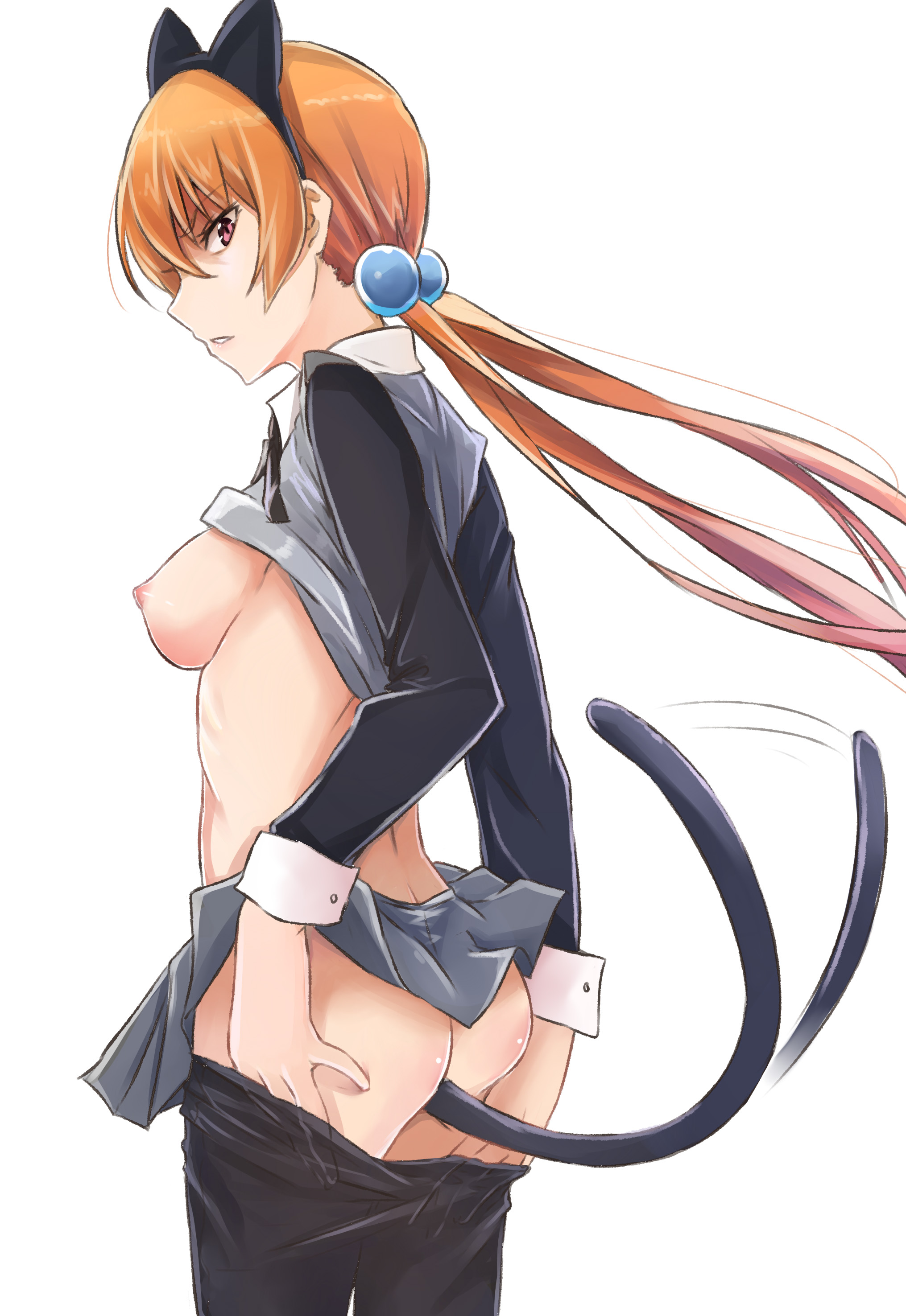 1girl absurdres alisa_southerncross animal_ears ass black_pantyhose blush breasts cat_ears cat_tail clothes_lift clothes_pull fake_animal_ears female_focus from_side hair_bobbles hair_ornament hairband highres jeffrey10 keroro_gunsou long_hair long_sleeves looking_at_viewer looking_back nipples no_bra no_panties open_clothes orange_hair pantyhose pantyhose_pull red_eyes shirt shirt_lift simple_background skirt skirt_lift solo standing tail tail_wagging twintails white_background