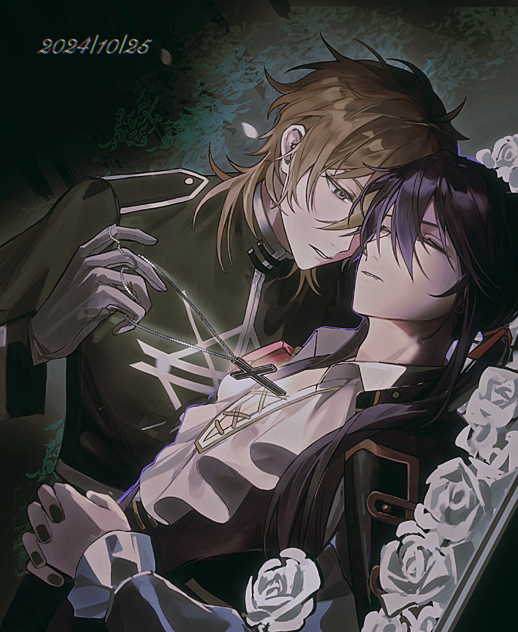 2boys adam's_apple bed_of_roses black_background black_nails black_robe blonde_hair closed_eyes collared_shirt cross cross-laced_clothes cross-laced_slit cross-laced_top cross_necklace dated ensemble_stars! fang flower frilled_shirt frilled_sleeves frills gloves hair_between_eyes hair_over_shoulder hair_ribbon hakaze_kaoru halloween_costume heads_together high_collar highres jacket jacket_on_shoulders jewelry kanzaki_souma latin_cross long_hair long_sleeves looking_at_another low_ponytail male_focus multiple_boys nail_polish necklace official_alternate_costume own_hands_clasped own_hands_together parted_lips pectoral_cleavage pectorals ponytail priest puffy_long_sleeves puffy_sleeves purple_hair red_ribbon ribbon robe rose ru_kosin scarlet_halloween_(ensemble_stars!) shirt vampire_costume white_flower white_gloves white_rose white_shirt yaoi yellow_eyes