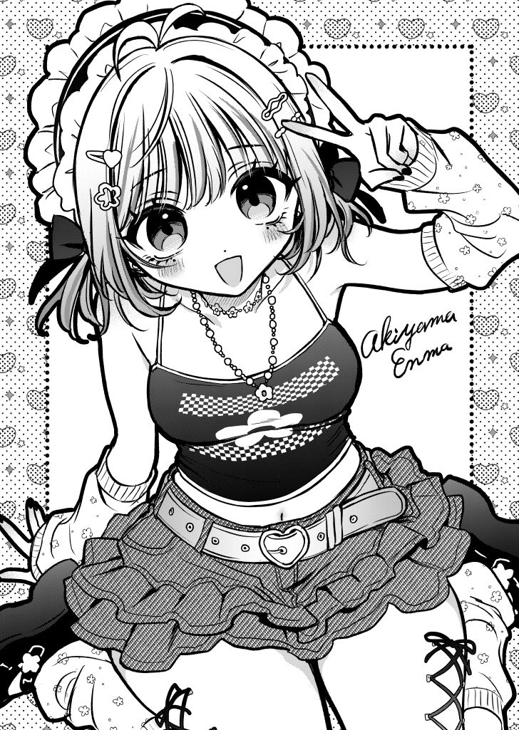 1girl :d akiyama_enma antenna_hair arm_warmers bare_shoulders belt blush breasts camisole commentary_request commission corset_piercing frilled_skirt frills greyscale hair_ornament hairclip heart heart_belt_buckle heart_border heart_hair_ornament knees_out_of_frame looking_at_viewer loose_socks maid_headdress medium_breasts midriff miniskirt monochrome navel open_mouth original polka_dot_border shoes simple_background skeb_commission skirt sleeves_past_wrists smile socks solo white_background