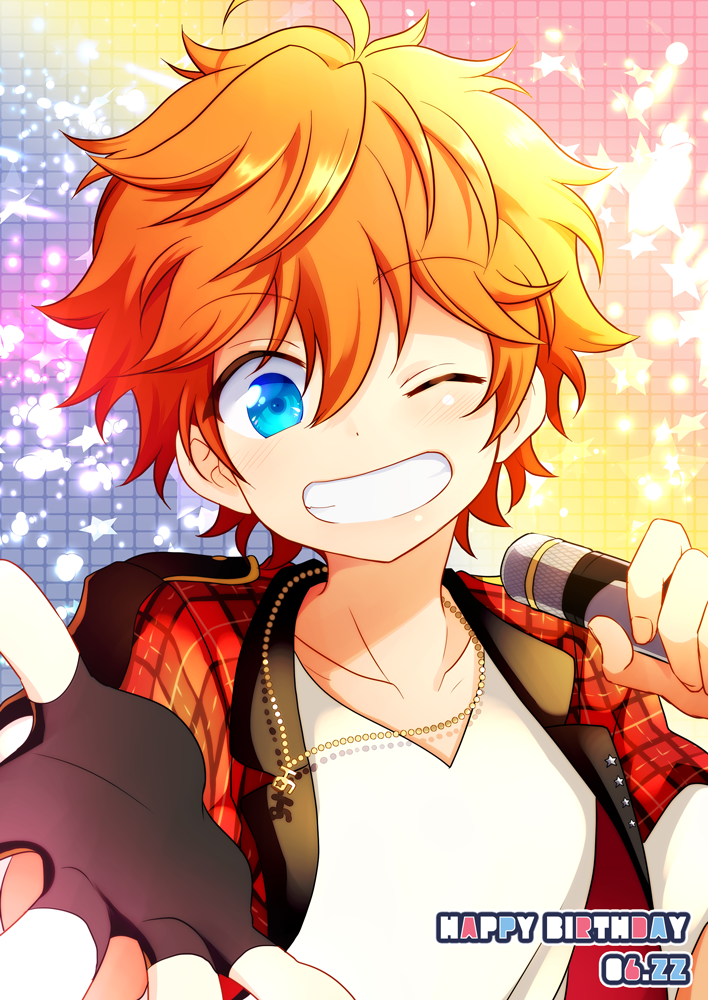 10s 1boy akehoshi_subaru blazer blue_eyes dated ensemble_stars! fingerless_gloves gloves gradient_background grin happy_birthday jacket jewelry male_focus microphone necklace one_eye_closed orange_hair smile solo take_no_ko
