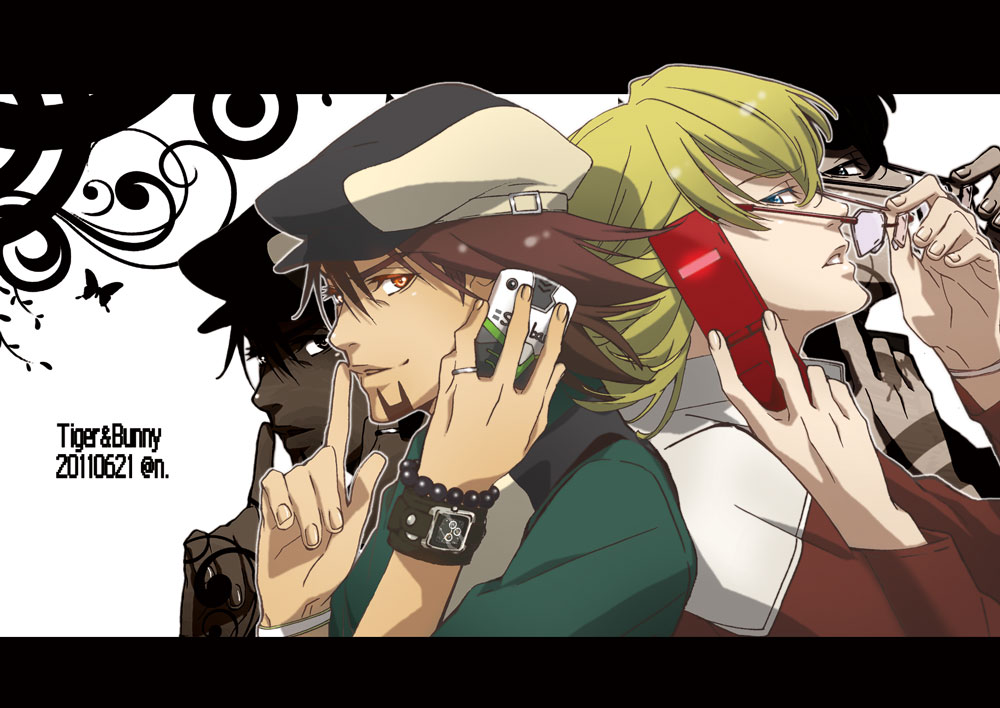 10s 2boys aqua_eyes bad_id bad_pixiv_id barnaby_brooks_jr. blonde_hair bracelet brown_eyes brown_hair cabbie_hat cellphone facial_hair glasses green_eyes hat jacket jewelry kaburagi_t._kotetsu letterboxed male_focus multiple_boys nagaremono necklace necktie phone red-framed_eyewear red_jacket removing_eyewear short_hair stubble tiger_&amp;_bunny vest waistcoat watch wild_tiger wristwatch zoom_layer