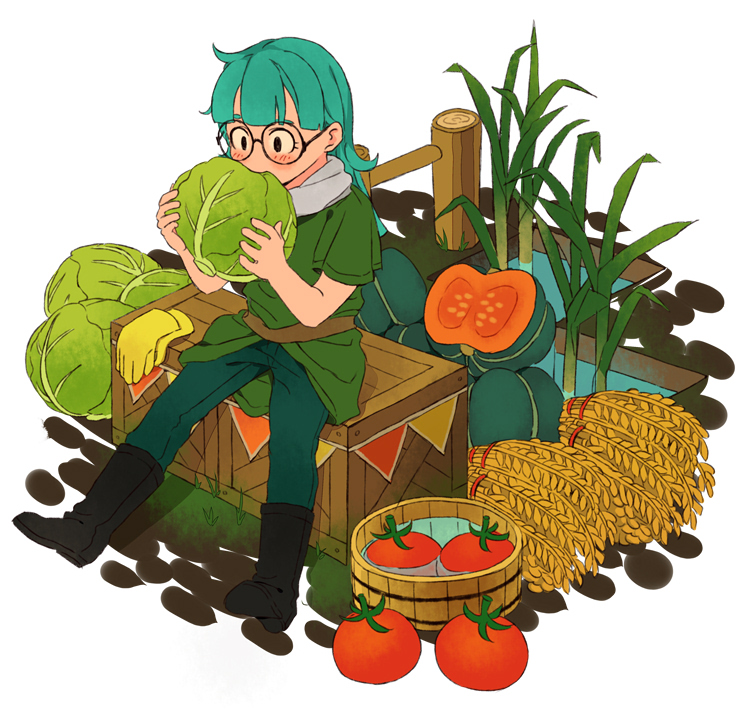 1girl aqua_hair basket black-framed_eyewear black_boots black_eyes blunt_bangs boots bunting cabbage chako_(dqb2) commentary_request crate dragon_quest dragon_quest_builders_2 eating food glasses gloves green_pants green_shirt holding holding_food holding_vegetable long_hair looking_down miyama_(kannsannn) pants plant pumpkin round_eyewear scarf shirt short_sleeves sitting solo tomato unworn_gloves vegetable water wheat wheat_bundle white_background white_scarf yellow_gloves