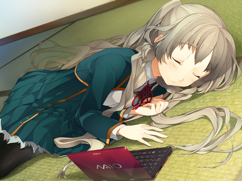 10s 1girl akinashi_yuu closed_eyes computer female_focus game_cg kiba_mifuyu koi_to_senkyo_to_chocolate laptop long_hair school_uniform sleeping solo