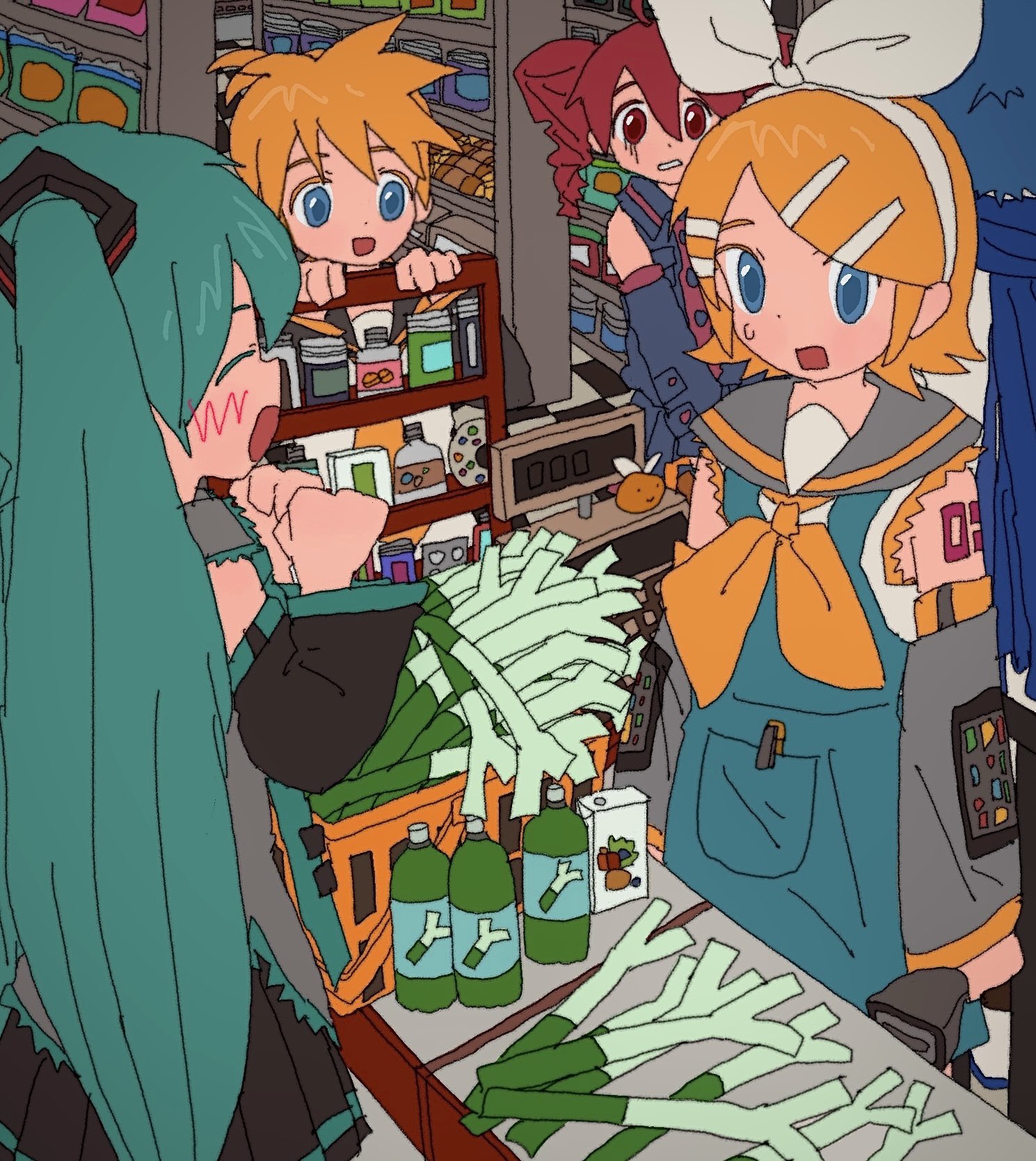 2boys 3girls aqua_eyes blonde_hair blue_eyes blush cashier deformed detached_sleeves grocery_store hatsune_miku highres kagamine_len kagamine_rin kaito_(vocaloid) kasane_teto kasane_teto_(utau) kousou_(vanilla_rkgk) multiple_boys multiple_girls open_mouth red_eyes red_hair sailor_collar shop spring_onion sweatdrop vocaloid