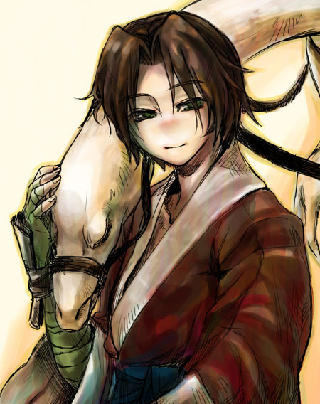 00s 1boy astsm benawi blush closed_mouth fingerless_gloves gloves gradient_background green_gloves headpat japanese_clothes kimono long_sleeves looking_at_viewer male_focus nose_blush parted_bangs red_kimono reins simple_background smile solo tokiwa_tsuneba upper_body utawarerumono wide_sleeves yellow_background