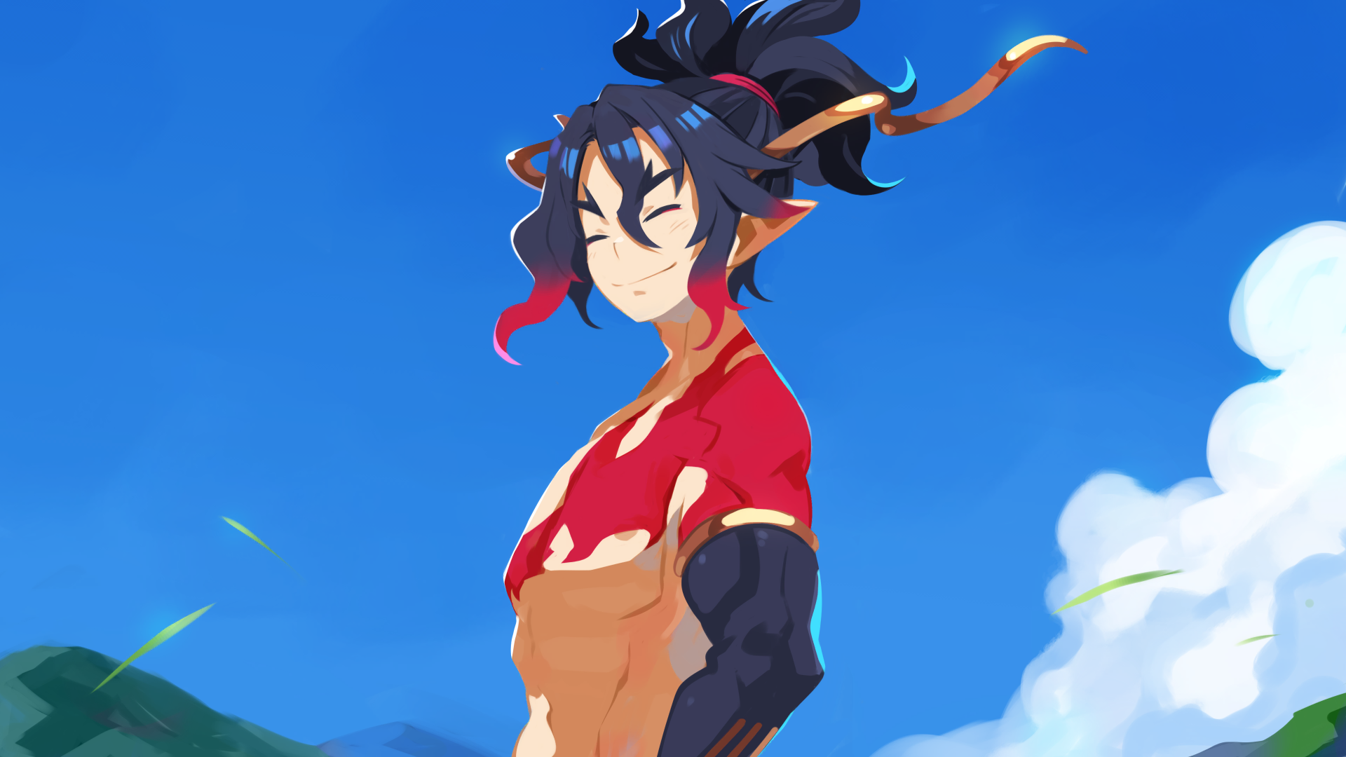 1boy black_hair blue_sky closed_eyes demon_boy disgaea fuji_(disgaea) harada_takehito highres horns makai_senki_disgaea_7 multicolored_hair official_art pointy_ears ponytail red_hair sidelocks sky smile