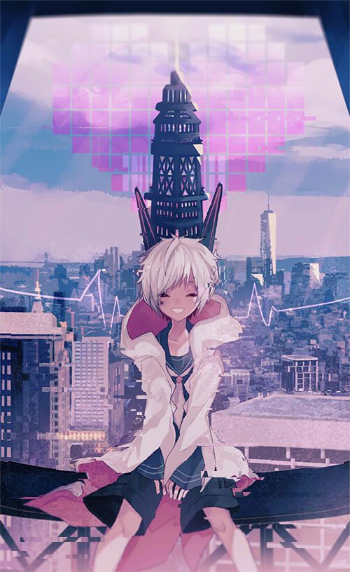 1bitheart 1boy building city cityscape facing_viewer hood hoodie male_focus miwasiba nanase_yoshi outdoors short_hair sitting skirt sky solo white_hair