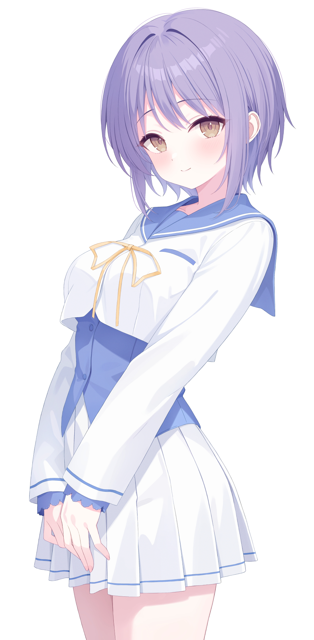 1girl blue_sailor_collar blue_vest blush bra-ban! brown_eyes closed_mouth commentary_request cowboy_shot grey_hair hair_between_eyes hair_intakes highres long_sleeves looking_at_viewer megimegyo mikage_sumi miniskirt pleated_skirt ribbon sailor_collar school_uniform serafuku shirt short_hair simple_background skirt smile solo split_mouth straight_hair tsurime v_arms vest white_background white_serafuku white_shirt white_skirt yellow_ribbon