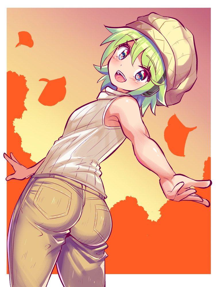 1girl ass azure_striker_gunvolt bare_shoulders blue_eyes blush breasts cougar_(cougar1404) from_behind green_hair hat headgear looking_at_viewer open_mouth pants roro_(gunvolt) short_hair sideboob small_breasts smile solo tight_clothes tight_pants