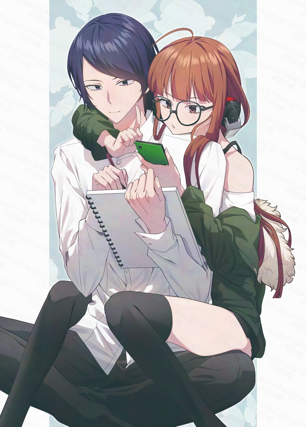 1boy 1girl ahoge behind-the-head_headphones behind_another black_eyes black_pants black_thighhighs blue_hair brown_eyes brown_hair cellphone fur-trimmed_jacket fur_trim glasses green_jacket headphones hetero highres holding holding_notebook holding_pencil holding_phone index_finger_raised jacket kitagawa_yuusuke looking_at_phone mozuku_3 notebook pants pencil persona persona_5 phone sakura_futaba shirt sitting smartphone thighhighs thighs white_shirt