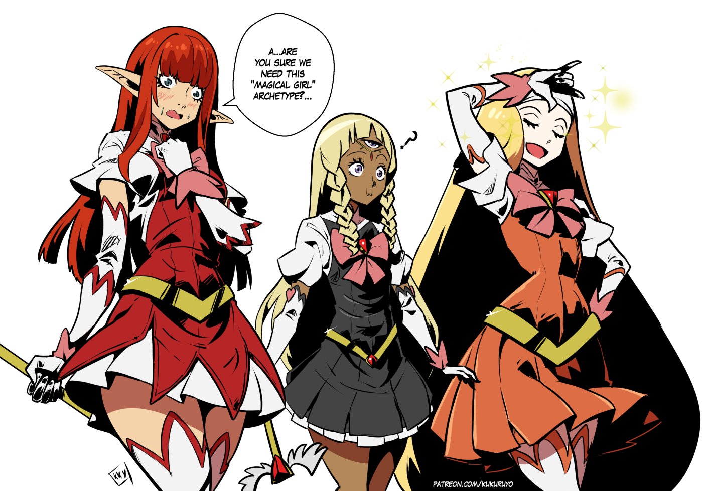 3girls :3 ? alternate_costume blonde_hair blue_eyes blunt_bangs blush bow bowtie closed_eyes commentary dark-skinned_female dark_skin english_commentary english_text eupha_(metaphor:_refantazio) gloves hand_on_own_hip height_difference hime_cut holding holding_staff hulkenberg_(metaphor:_refantazio) junah_(metaphor:_refantazio) kukuruyo long_hair magical_girl metaphor:_refantazio multiple_girls pink_bow pink_bowtie pointy_ears purple_eyes red_hair simple_background speech_bubble staff third_eye very_long_hair white_background white_gloves