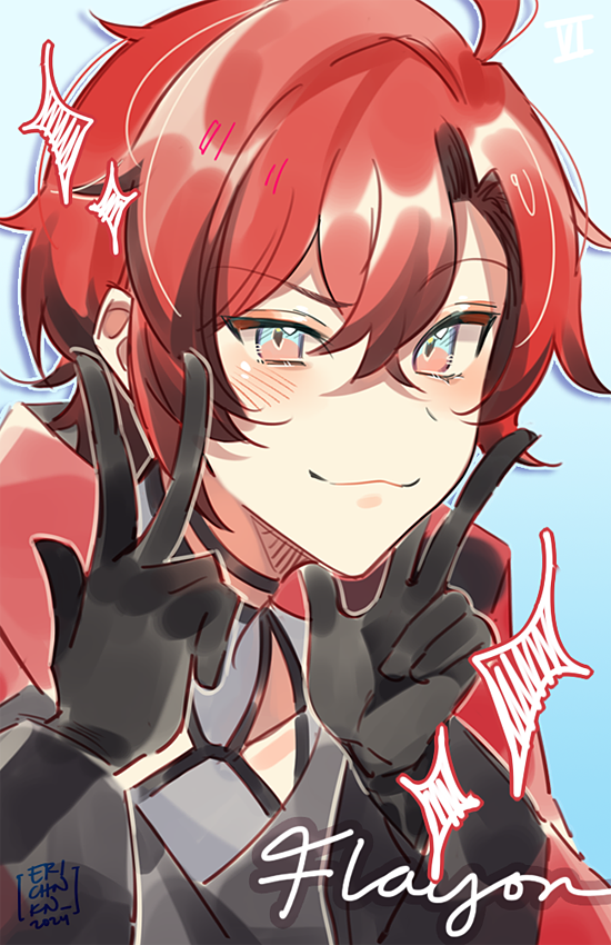 1boy ahoge bishounen black_gloves character_name choker coll_(erichankun) curtained_hair double_v gloves gradient_background hair_between_eyes holostars holostars_english jacket looking_at_viewer machina_x_flayon machina_x_flayon_(1st_costume) male_focus portrait red_hair red_jacket short_hair side_part slit_pupils smile solo sparkle v virtual_youtuber