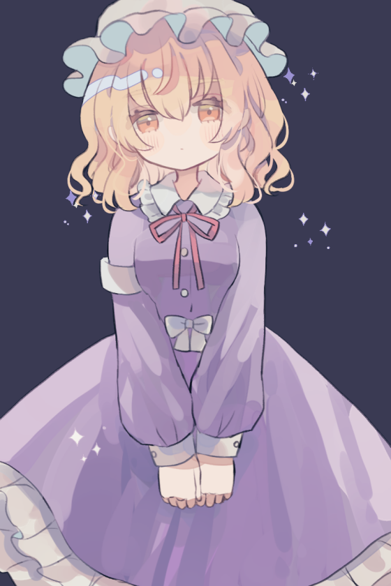 1girl black_background blonde_hair cowboy_shot dress frilled_shirt_collar frills hat hiyuu_(hiyualice) long_sleeves looking_at_viewer maribel_hearn medium_hair mob_cap neck_ribbon puffy_long_sleeves puffy_sleeves purple_dress ribbon solo touhou white_hat yellow_eyes