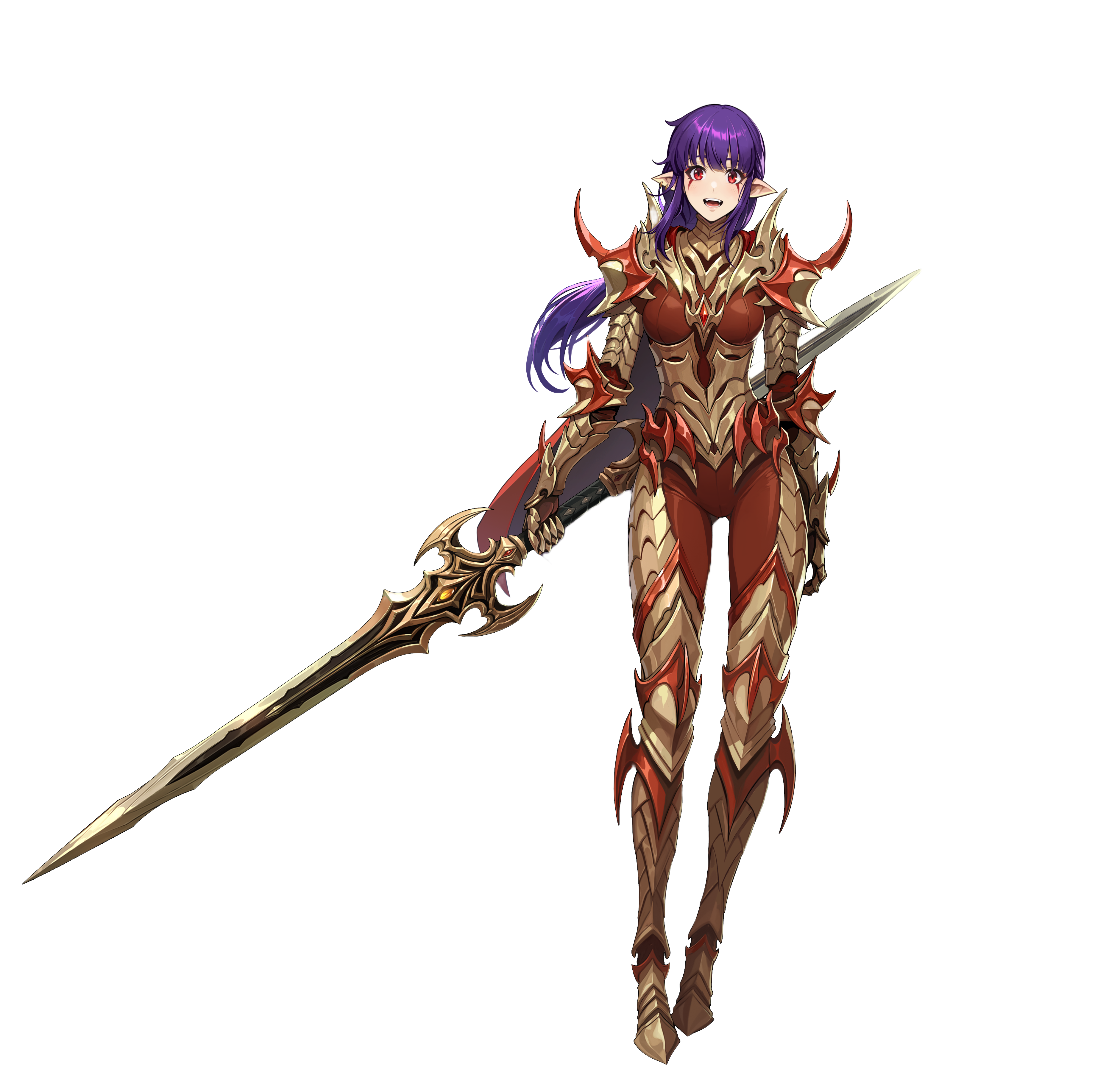 1girl absurdres armor bodystocking double_blade esil_radiru full_armor full_body highres holding holding_weapon long_hair official_art open_mouth pointy_ears purple_hair red_eyes second-party_source shoulder_armor solo solo_leveling solo_leveling:_arise standing sword tachi-e transparent_background weapon