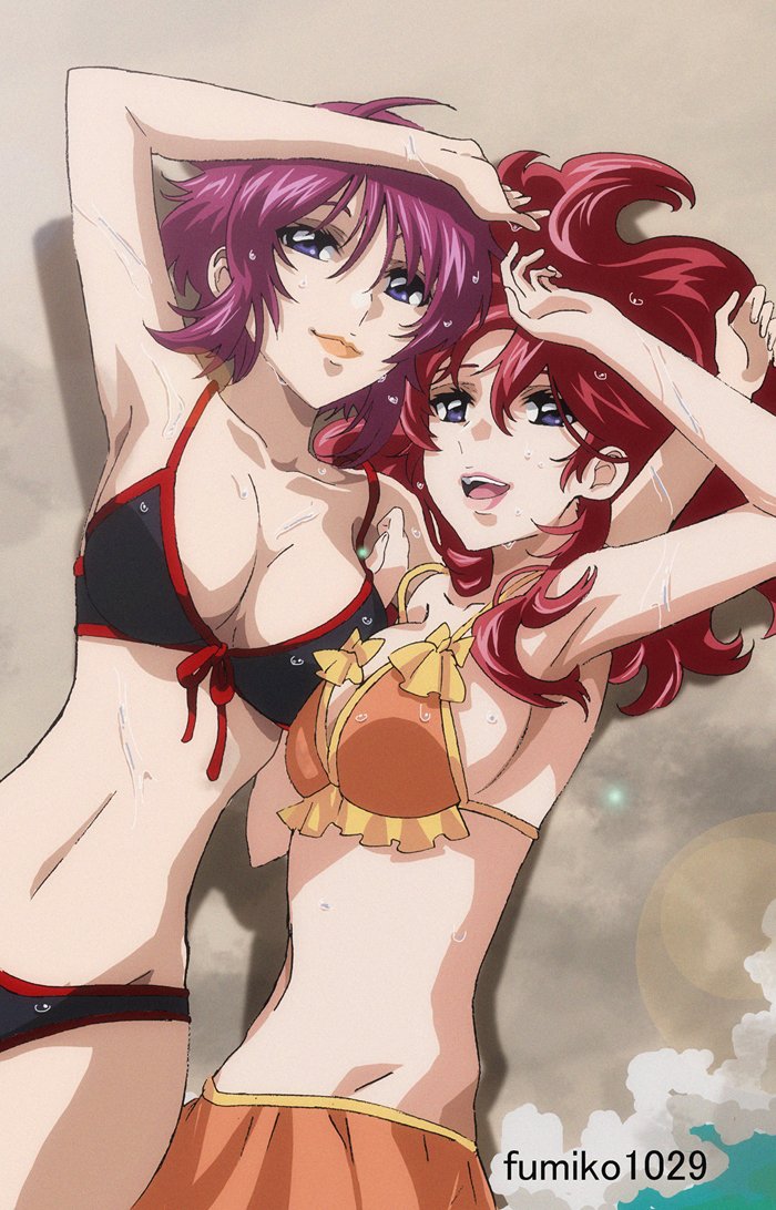 2girls ahoge beach bikini black_bikini breasts fumiko_(mesushi) gundam gundam_seed gundam_seed_freedom large_breasts long_hair looking_at_viewer lunamaria_hawke lying meyrin_hawke multiple_girls open_mouth purple_eyes purple_hair red_hair short_hair siblings sisters smile swimsuit uniform wet