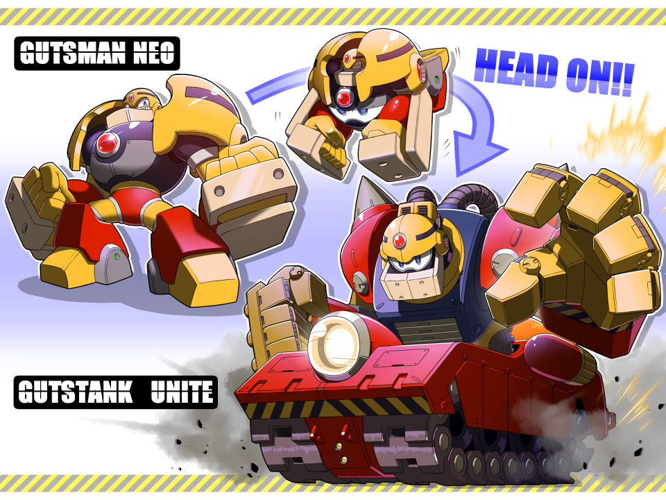 1boy alternate_design blonde_hair english_text green_eyes guts_man guts_tank_(mega_man) humanoid_robot male_focus mega_man_(classic) mega_man_(series) military_vehicle motor_vehicle napo robot tank transformation