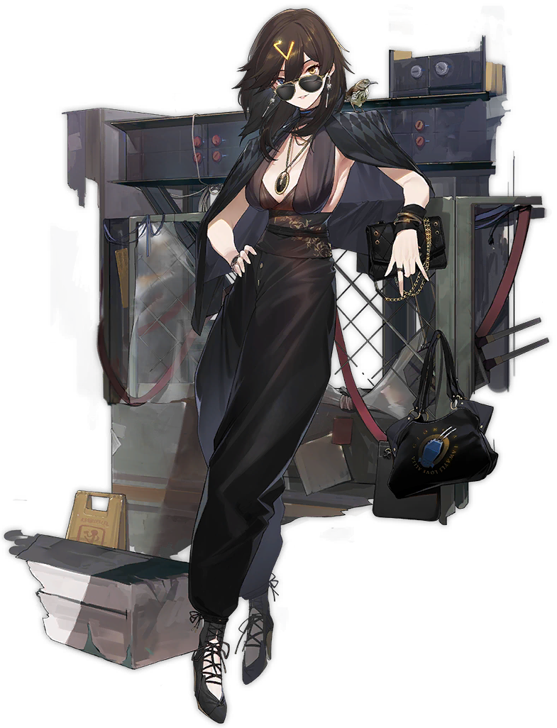 1girl azur_lane bag bangle bird black_footwear black_hair black_pants black_shirt blush bracelet breasts cloak earrings elbow_rest female_focus full_body gebijiade_89 georgia_(azur_lane) georgia_(south_town_pearl)_(azur_lane) gloves hair_ornament halterneck hand_on_own_hip handbag heterochromia high_heels holding holding_bag jewelry large_breasts leaning_on_object long_hair looking_at_viewer necklace official_alternate_costume official_art pants parted_lips pink_lips ring sash shirt sidelocks solo star_(symbol) star_earrings sunglasses transparent_background yellow_eyes