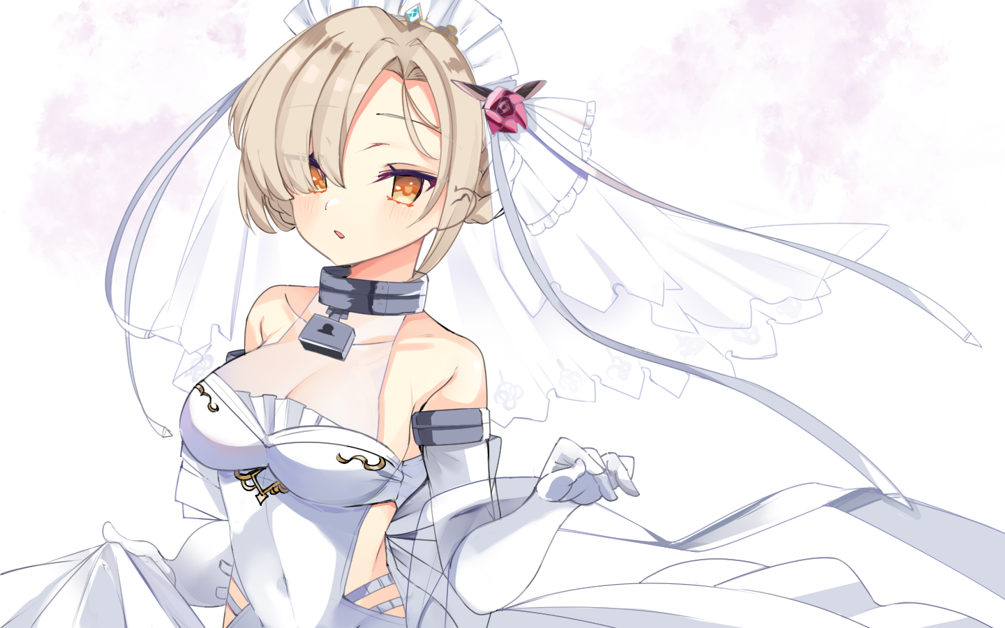 1girl alternate_costume azur_lane bare_shoulders blonde_hair blush braid breasts bride cleavage commentary_request covered_navel dress elbow_gloves flower gloves hair_flower hair_ornament hair_over_one_eye hand_up lock looking_at_viewer medium_breasts parted_lips red_flower red_rose rose see-through_clothes sheffield_(azur_lane) short_hair skin_tight skirt_hold sleeveless sleeveless_dress solo upper_body veil wedding_dress white_dress white_gloves yayoi_asuka yellow_eyes