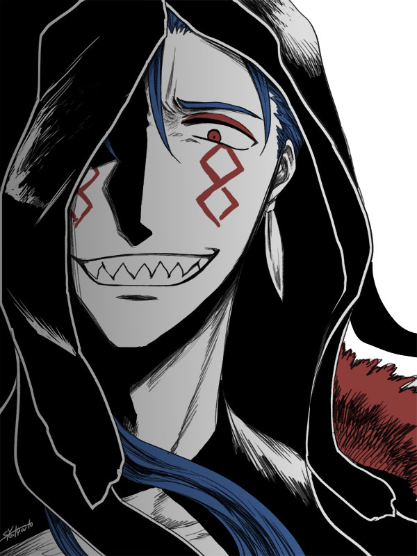 1boy animal_ears black_hood blue_hair commentary_request crazy_eyes crazy_grin crazy_smile cu_chulainn_(fate) cu_chulainn_alter_(fate) cu_chulainn_alter_(third_ascension)_(fate) facial_mark fate/grand_order fate_(series) makeup male_focus portrait red_eyes sharp_teeth smile solo teeth yuuzuki230