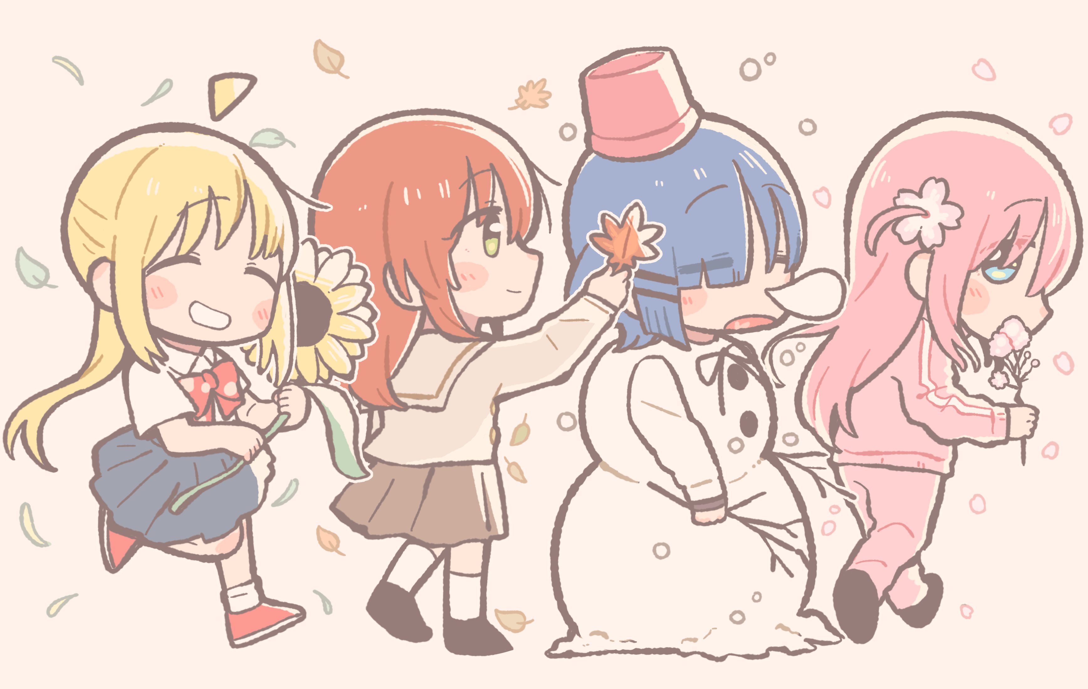 4girls absurdres ahoge autumn_leaves bad_id bad_twitter_id blonde_hair blue_eyes blue_hair blue_skirt blush bocchi_the_rock! brown_shirt brown_skirt cherry_blossoms closed_eyes commentary_request flower full_body gotoh_hitori green_eyes hair_between_eyes hair_flower hair_ornament hand_up henyomen highres holding holding_flower holding_leaf ijichi_nijika inactive_account jacket kita_ikuyo kneehighs leaf long_hair long_sleeves multiple_girls nose_bubble one_side_up open_mouth pants pink_hair pink_jacket pink_pants pink_track_suit pleated_skirt red_footwear red_hair running sailor_collar school_uniform seasons shimokitazawa_high_school_uniform shirt shoes short_hair shuka_high_school_uniform side_ponytail sidelocks skirt sleeping smile snow snowman socks sunflower track_jacket track_suit white_shirt white_socks yamada_ryo