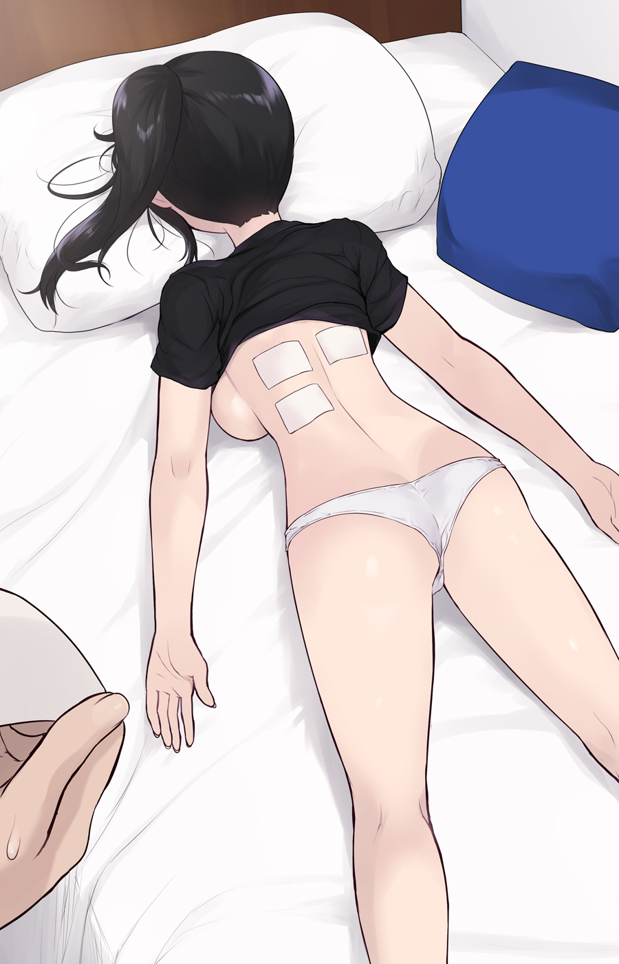 1girl arms_at_sides ass black_hair black_shirt butt_crack cait_aron clothes_lift from_behind highres kneepits lying on_stomach original panties pillow ponytail shirt shirt_lift solo_focus underwear white_panties