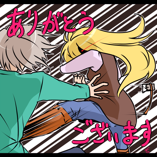 1boy 1girl axe bad_id bad_pixiv_id blonde_hair boots denim glowing glowing_eye image_sample jeans k59f9 kicking long_hair lowres mermaid_swamp ningyo_numa pants pixiv_sample short_hair silver_hair solo_focus spoilers tanoshi translation_request wakasugi_seitaro weapon yamazaki_rin