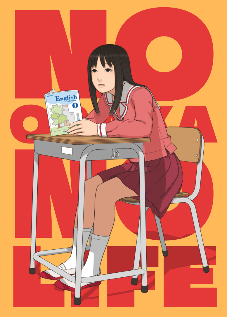 1girl arm_rest azumanga_daioh&#039;s_school_uniform azumanga_daiou book brown_eyes brown_hair chair character_name comiket_103 commentary_request desk english_text full_body kasuga_ayumu kneehighs leaning_forward light_frown long_hair long_sleeves nose on_chair open_book orange_background parted_lips pink_shirt pleated_skirt realistic red_skirt red_trim sailor_collar school_chair school_desk school_uniform second-party_source serafuku shinchou_ni_kansuru_kousatsu shirt shoes sidelocks sitting skirt socks solo studying textbook title unhappy uwabaki white_sailor_collar white_shoes white_socks winter_uniform