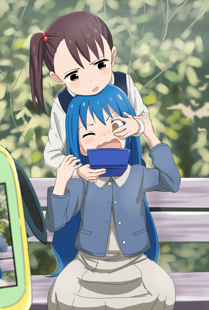 2girls @_@ akamatsu_yui aoyama_kotoha_(mitsuboshi_colors) blue_hair blue_jacket blue_vest bush day dress handheld_game_console jacket long_hair long_sleeves looking_at_object looking_down medium_hair mitsuboshi_colors multiple_girls nintendo_ds one_eye_closed open_mouth outdoors purple_hair shirt side_ponytail sincos sitting straight_hair vest yellow_dress yellow_shirt