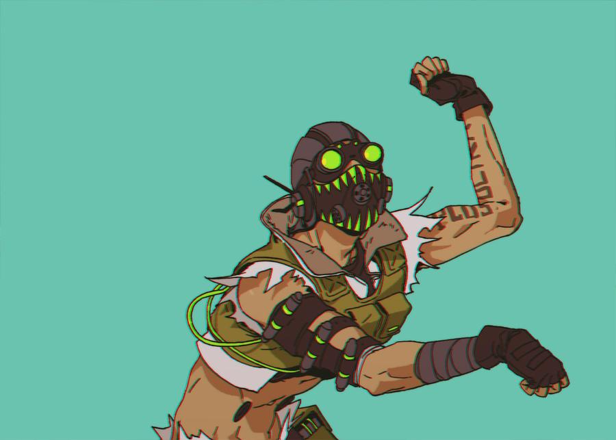 1boy apex_legends aqua_background arm_tattoo black_gloves black_headwear black_shirt clenched_hands cropped_shirt cropped_vest dancing easy_breezy eizouken_ni_wa_te_wo_dasu_na! fingerless_gloves gloves goggles leaning_forward looking_up male_focus mask midriff mouth_mask octane_(apex_legends) parody sarah_stone shirt solo tattoo vest