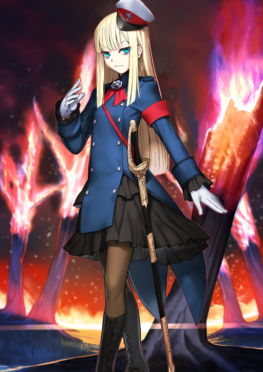 1girl armband black_boots black_skirt blonde_hair blue_eyes blue_jacket blunt_ends boots breasts brown_pantyhose buttons closed_mouth double-breasted expressionless fate/grand_order fate_(series) feet_out_of_frame frilled_skirt frills game_cg gloves hand_up hat high_collar jacket lace-up_boots long_hair long_sidelocks long_sleeves looking_at_viewer military_jacket mini_hat official_art pantyhose peaked_cap red_armband red_sash reines_el-melloi_archisorte reines_el-melloi_archisorte_(second_ascension) sakamoto_mineji sash sheath sheathed shoulder_sash sidelocks skirt sleeve_cuffs small_breasts solo standing straight_hair sword tailcoat third-party_source v-shaped_eyebrows variant_set very_long_hair weapon white_gloves white_hat