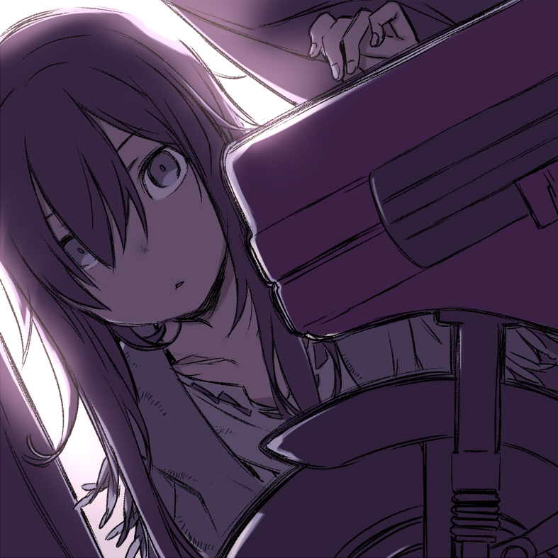1girl backlighting curtains female_focus hair_between_eyes hand_up honda_motocompo kino_no_tabi kuroboshi_kouhaku long_hair looking_at_viewer minibike monochrome motor_vehicle motorcycle noped parted_lips photo_(kino_no_tabi) purple_theme sidelocks solo sou_(kino_no_tabi) tsurime