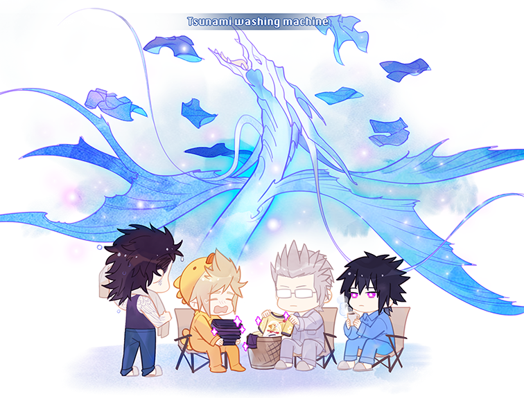 10s 4boys black_hair blonde_hair brown_hair chair coffee_mug cup final_fantasy final_fantasy_xv folding_chair folding_clothes ginmu gladiolus_amicitia glasses glowing glowing_eyes ignis_scientia laundry laundry_basket leviathan_(final_fantasy) male_focus mug multiple_boys mundane_utility noctis_lucis_caelum pajamas prompto_argentum sitting sleeveless slippers sparkle spiked_hair tattoo yawning