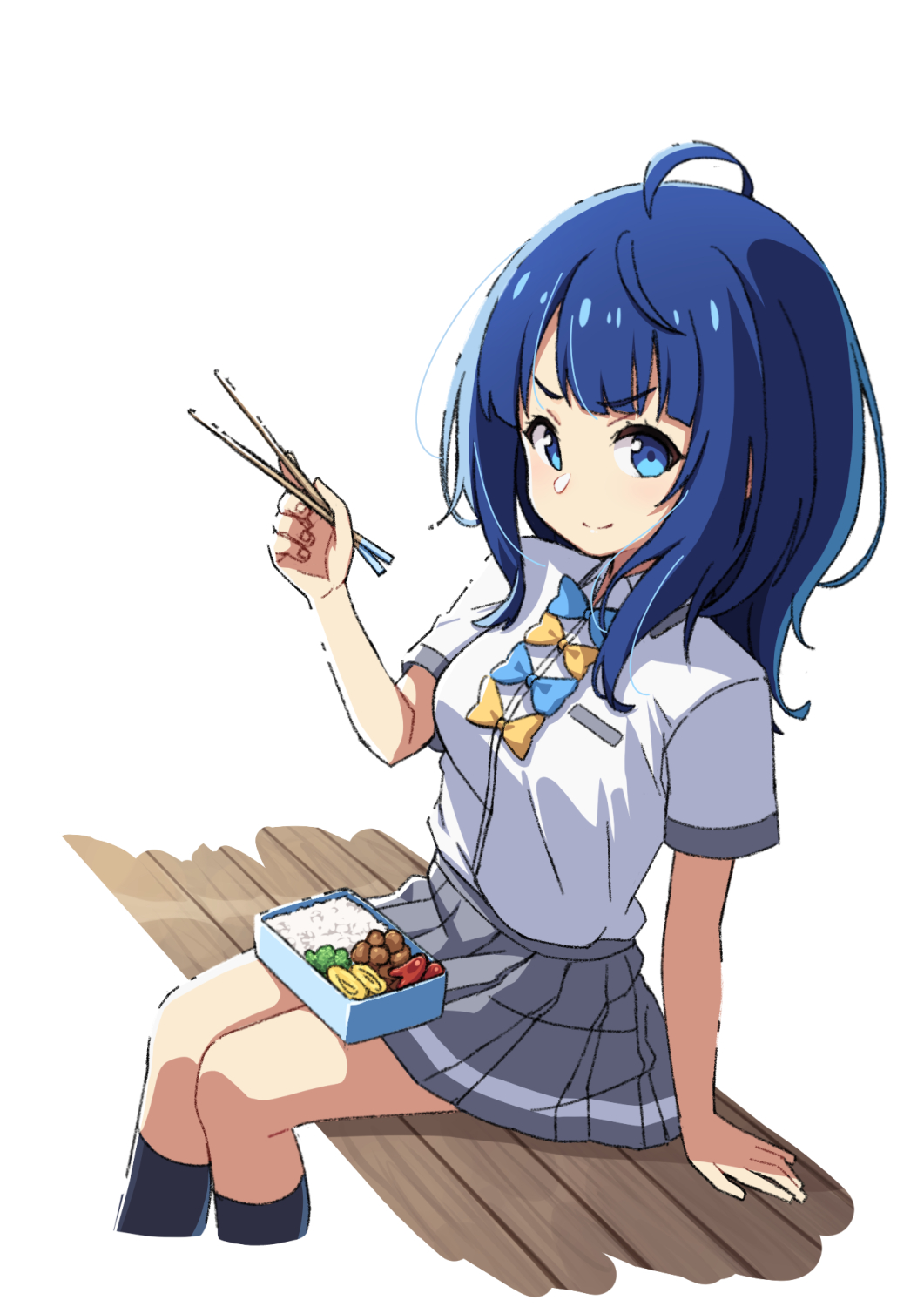 &gt;:) 1girl ahoge bento black_socks blue_bow blue_eyes blue_hair bow breasts chopsticks closed_mouth collared_shirt commentary cropped_legs dress_shirt grey_skirt hand_up heijialan highres holding holding_chopsticks kneehighs looking_at_viewer make_heroine_ga_oo_sugiru! pleated_skirt school_uniform shirt short_sleeves simple_background skirt small_breasts smile socks solo v-shaped_eyebrows white_background white_shirt yanami_anna yellow_bow