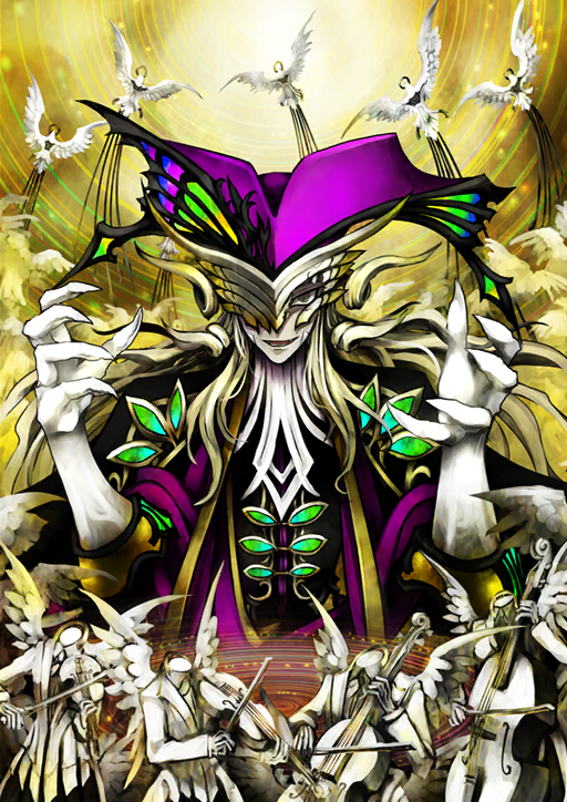 1boy black_cape black_jacket blonde_hair broken_mask cape fate/grand_order fate_(series) gloves green_eyes hands_up hat jacket long_hair looking_at_viewer male_focus mask mysterious_mask_(fate) official_art one_eye_covered open_mouth pfalz purple_hat purple_sash sash smile solo third-party_source upper_body white_gloves wolfgang_amadeus_mozart_(fate) yellow_background