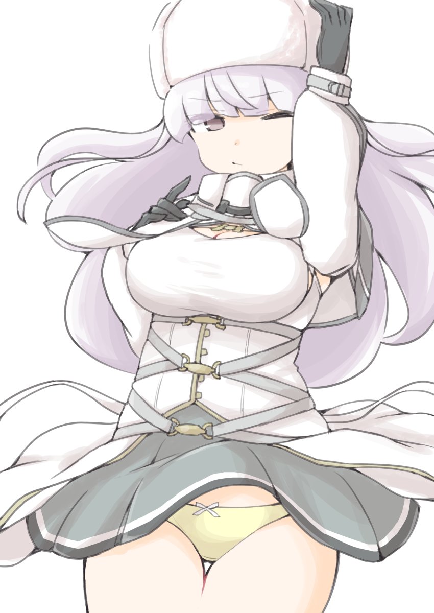 1girl akara_kai black_gloves breasts capelet cleavage cowboy_shot dress fur_hat gloves hat highres kantai_collection kirov_(kancolle) large_breasts long_hair looking_at_viewer one_eye_closed panties papakha pink_eyes pink_hair pleated_skirt skirt solo underwear white_background white_capelet white_dress white_hat yellow_panties