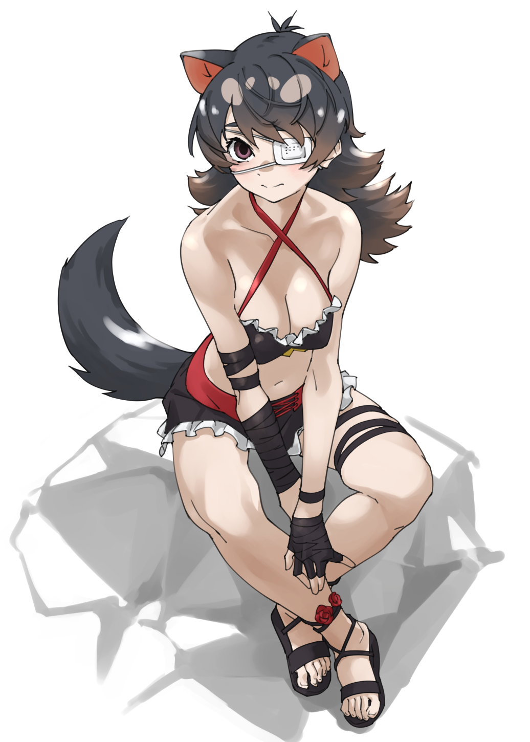 1girl armpit_crease australian_devil_(kemono_friends) bare_legs bare_shoulders black_hair black_sandals black_shoes black_tail breasts brown_eyes brown_hair cleavage closed_mouth collarbone commentary criss-cross_halter crossed_ankles dot_nose empty_eyes extra_ears eyepatch feet fingerless_gloves flipped_hair frills full_body gloves gradient_hair halterneck hand_wraps highres kemono_friends long_hair looking_at_viewer medical_eyepatch medium_breasts multicolored_hair navel on_rock one_eye_covered rock sandals shoes simple_background sitting solo sports_sandals tail tanabe_(fueisei) tasmanian_devil_ears tasmanian_devil_tail toes white_background wrist_wrap