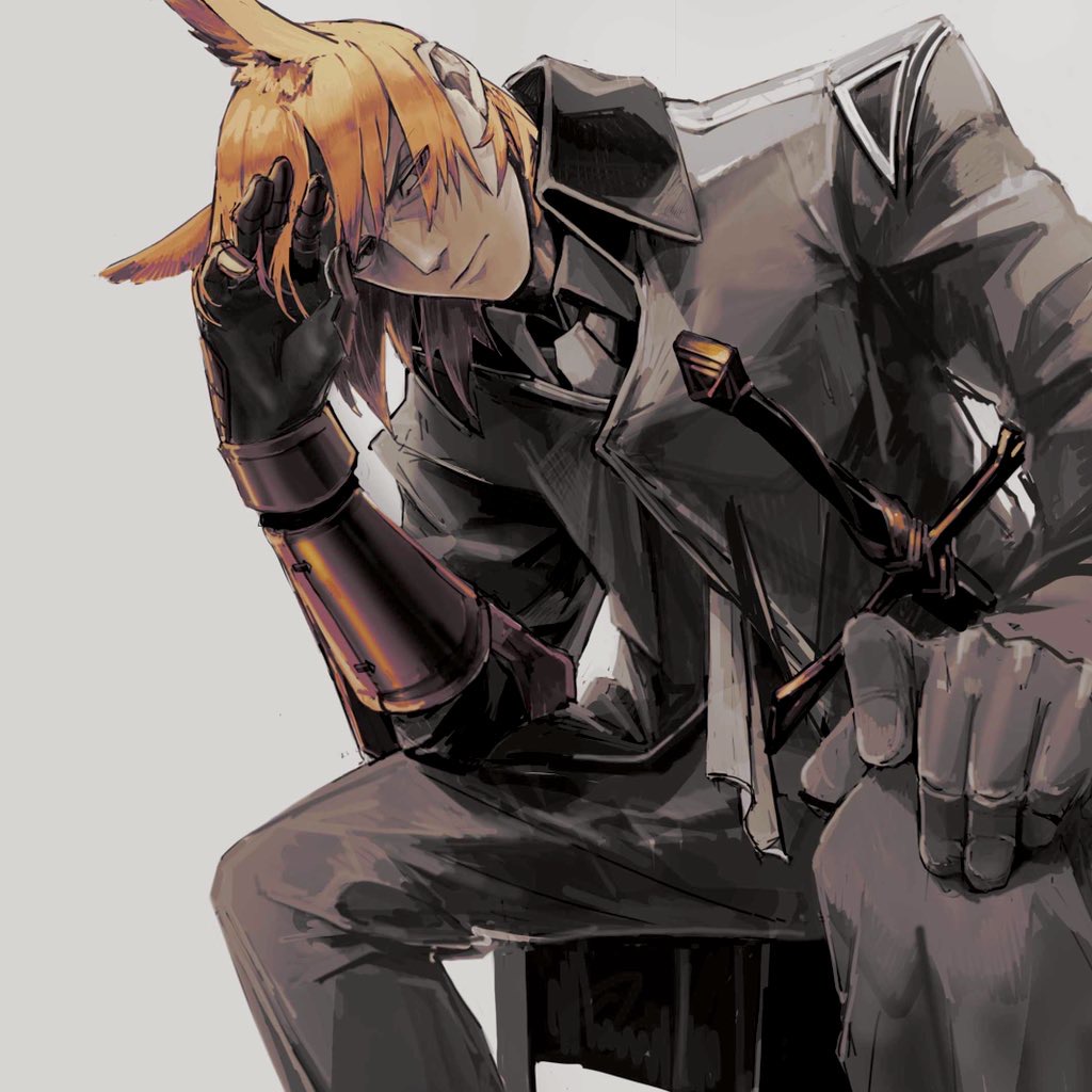 1boy animal_ears arknights closed_mouth coat gloves grey_background grey_coat grey_pants horse_boy horse_ears male_focus mlynar_(arknights) oaza pants short_hair simple_background sitting solo sword weapon