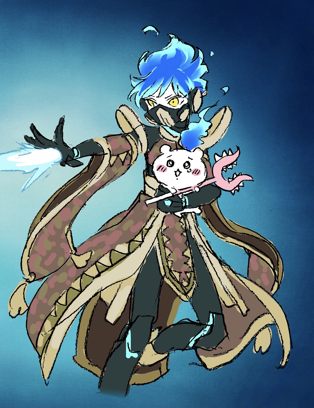 1boy blue_background blue_hair chiikawa chiikawa_(character) commentary_request creature cryokinesis cyborg fiery_hair funuyu highres holding holding_creature male_focus mask ortho_shroud respirator short_hair solo standing standing_on_one_leg twisted_wonderland yellow_eyes