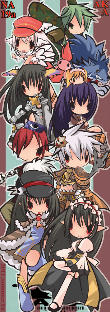 2000s_(style) 3boys 5girls arch_bishop_(ragnarok_online) armor armored_boots bikini bikini_armor black_dress black_hair black_hat black_shoes black_thighhighs blue_boots blue_dress blue_gloves book book_on_head boots breastplate breasts brown_boots brown_cape brown_hair brown_pants camouflage camouflage_scarf camouflage_shorts cape character_doll chibi chibi_only cleavage closed_mouth comiket_80 commentary_request cross curly_sue doll doll_on_head dress expressionless feather_trim feathered_wings flask frilled_hairband frills frown full_body fur-trimmed_cape fur-trimmed_gloves fur_collar fur_trim gauntlets genetic_(ragnarok_online) gloves green_eyes green_hair green_scarf green_shirt green_shorts grey_cape grey_hair guillotine_cross_(ragnarok_online) hair_between_eyes hair_over_one_eye hairband hat hat_ornament head_wings high_wizard_(ragnarok_online) juliet_sleeves large_breasts long_hair long_sleeves looking_at_viewer looking_back looking_to_the_side mary_janes mask mask_on_head midriff multiple_boys multiple_girls newsboy_cap object_on_head open_mouth orange_wings pants pauldrons pointy_ears puffy_sleeves purple_eyes purple_hair ragnarok_online ranger_(ragnarok_online) red_eyes red_hairband red_hat rideword_(ragnarok_online) riding round-bottom_flask rune_knight_(ragnarok_online) sash scarf shadow_chaser_(ragnarok_online) shirt shoes short_hair shorts shoulder_armor shrug_(clothing) sitting skull_hat_ornament smile solid_oval_eyes spiked_pauldrons standing standing_on_one_leg swimsuit thighhighs two-tone_dress waist_cape wanderer_(ragnarok_online) white_bikini white_dress white_hair white_thighhighs white_wings wings wolf yellow_sash yu_(lilacxx)