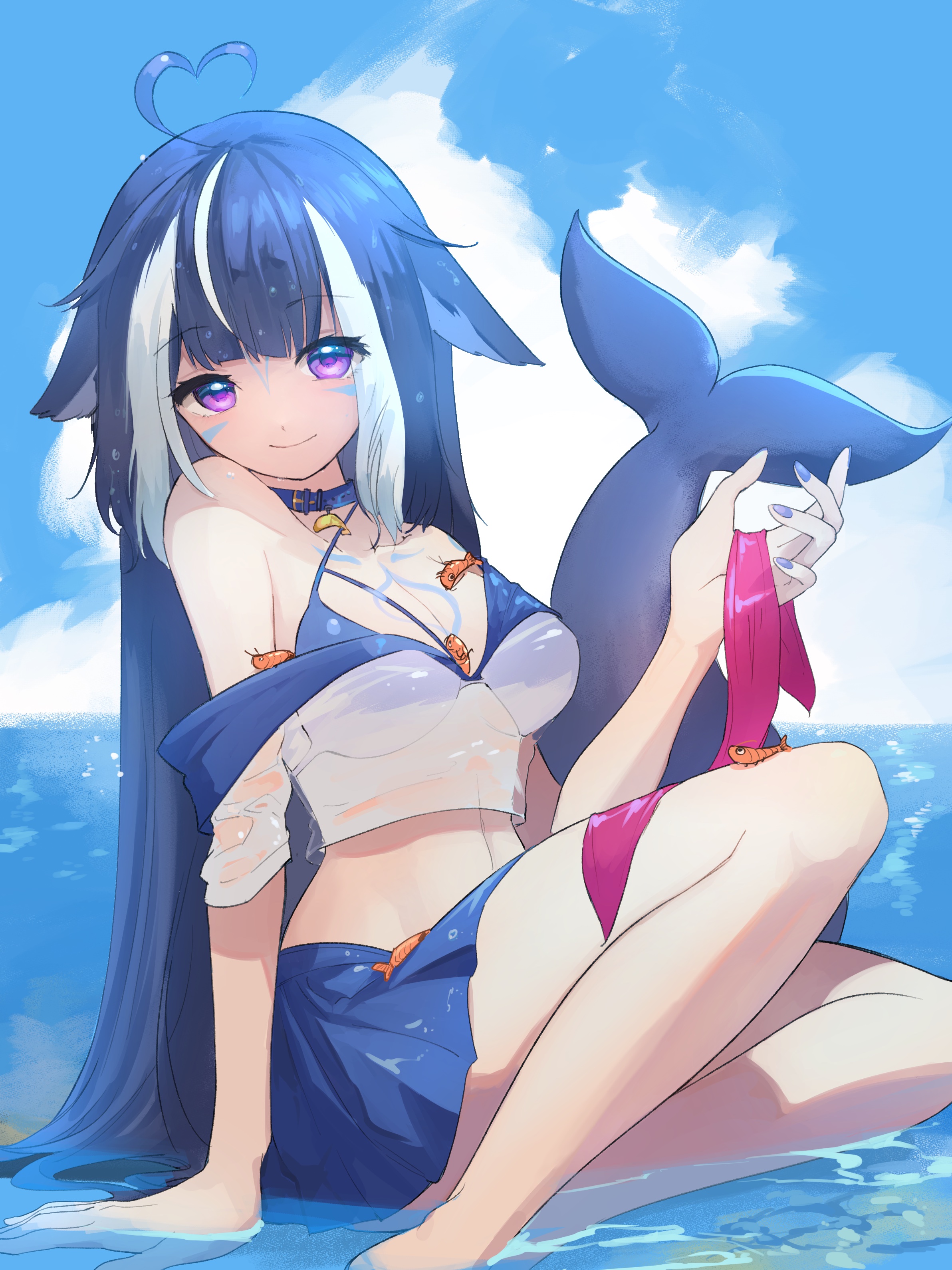1girl absurdres ahoge animal_ears belt_collar bikini bikini_under_clothes black_hair blue_bikini blue_sky body_markings breasts cetacean_tail chest_tattoo cleavage cloud collar facial_tattoo fins fish_tail heart heart_ahoge highres horizon indie_virtual_youtuber large_breasts long_hair looking_at_viewer multicolored_hair orca orca_girl pink_ribbon purple_eyes ribbon see-through_clothes see-through_shirt shirt shylily shylily_(1st_costume) sky streaked_hair swimsuit tail tanziya_(codlxcold) tattoo virtual_youtuber water whale_girl white_hair