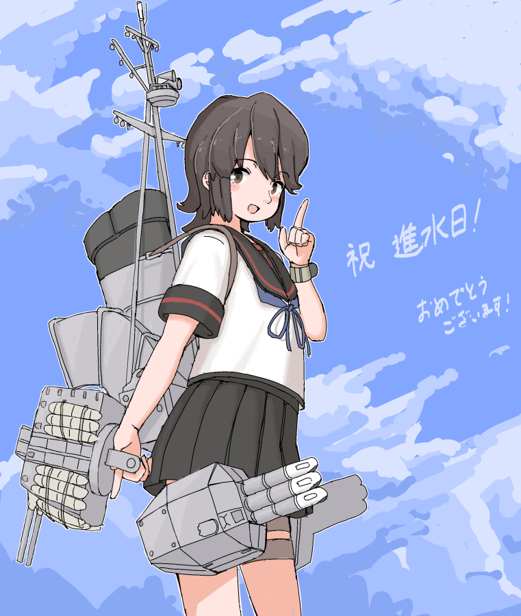 1girl aji_(ajinohirakisan) black_hair black_sailor_collar black_skirt blue_neckerchief blue_sky cloud commentary_request day hair_between_eyes holding index_finger_raised kantai_collection looking_at_viewer miyuki_(kancolle) miyuki_kai_ni_(kancolle) neckerchief nose open_mouth pleated_skirt rigging sailor_collar school_uniform serafuku short_hair short_sleeves skirt sky solo