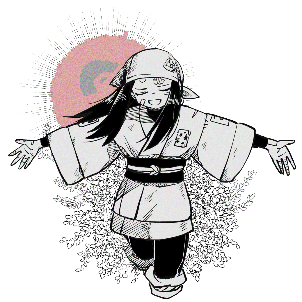 1girl akari_(pokemon) bandages black_hair closed_eyes foliage galaxy_expedition_team_survey_corps_uniform greyscale headscarf long_hair long_sleeves looking_at_viewer monochrome nintendo outstretched_arms pleo pokemon pokemon_legends:_arceus ponytail red_sun sash sidelocks simple_background smile solo standing white_background