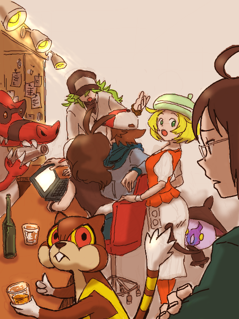 10s 2girls 3boys baseball_cap bianca_(pokemon) black_hair blonde_hair cheren_(pokemon) drinking gen_5_pokemon glasses hat hilbert_(pokemon) hilda_(pokemon) holding hug krookodile lampent looking_at_viewer mariemon multiple_boys multiple_girls n_(pokemon) nintendo notebook pantyhose pokemon pokemon_(creature) pokemon_bw sabakan sitting tegaki watchog