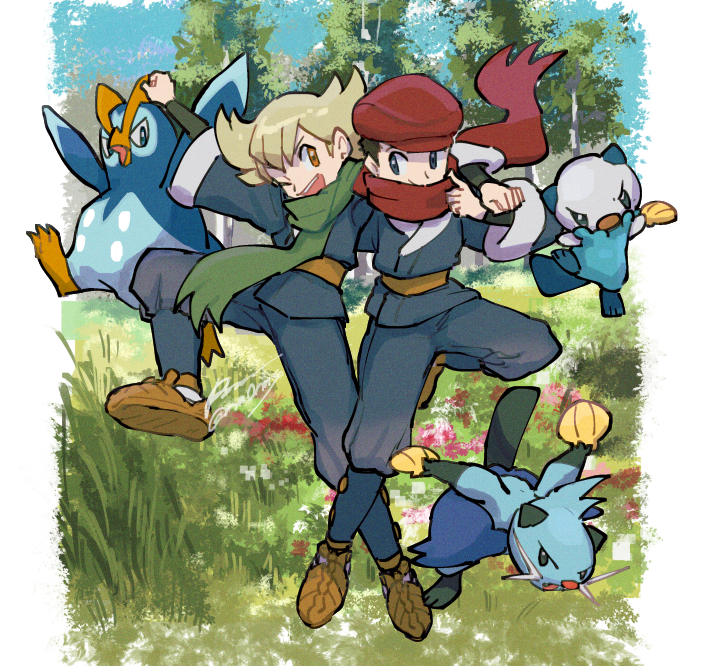 2boys ;d barry_(pokemon) black_shirt blonde_hair brown_footwear cosplay day dewott gen_4_pokemon gen_5_pokemon grass hat jacket lucas_(pokemon) male_focus multiple_boys nintendo one_eye_closed open_mouth orange_eyes oshawott outdoors pants pokemon pokemon_(creature) pokemon_dppt pokemon_legends:_arceus prinplup red_headwear red_scarf rei_(pokemon) rei_(pokemon)_(cosplay) sagemaru-br scarf seashell shell shirt shoes short_hair smile teeth tree upper_teeth_only