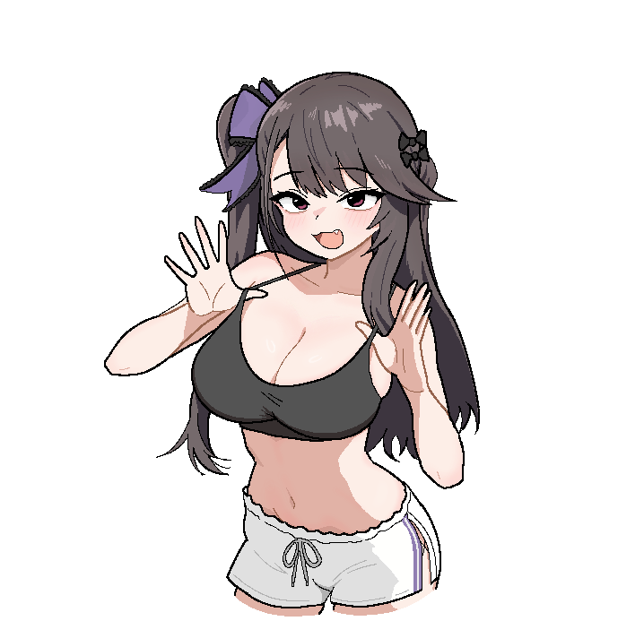 1girl alternate_costume azur_lane bow breasts brown_eyes brown_hair brown_shirt cocktiel77 collarbone commentary_request crop_top cropped_legs drawstring fang hair_bow hands_up holding_strap korean_commentary large_breasts long_hair navel official_alternate_costume one_side_up open_mouth pamiat_merkuria_(azur_lane) pamiat_merkuria_(pick_and_choose!)_(azur_lane) purple_bow purple_eyes shirt shorts simple_background single_sidelock smile solo spaghetti_strap tank_top white_background white_shorts