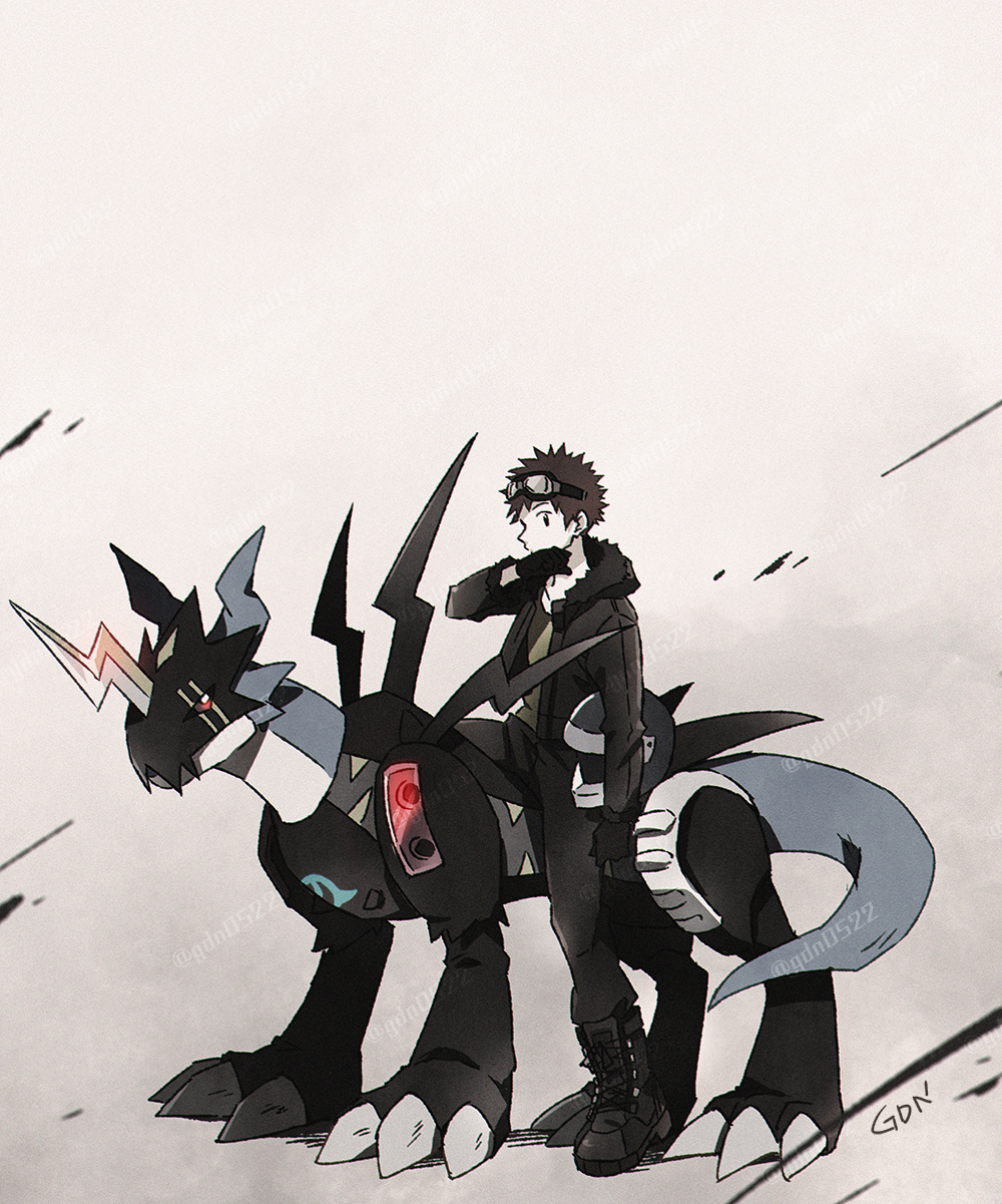 1boy armor black_armor black_helmet black_jacket black_pants brown_hair digimon digimon_adventure_02 dragon gdn0522 goggles goggles_on_head grey_background helmet highres holding holding_helmet horns jacket lighdramon motomiya_daisuke motorcycle_helmet pants riding simple_background single_horn unworn_headwear unworn_helmet