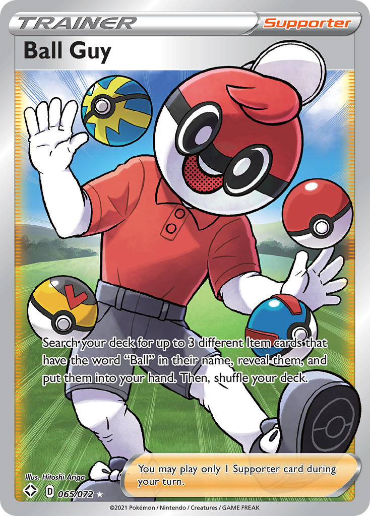 1boy ariga_hitoshi artist_name ball_guy blue_sky card_(medium) character_name cloud collared_shirt company_name copyright_name copyright_notice day emphasis_lines english_text grass great_ball grey_shoes grey_shorts hat level_ball male_focus mascot_head nintendo official_art outdoors poke_ball poke_ball_(basic) poke_ball_theme pokemon pokemon_card pokemon_swsh pokemon_tcg quick_ball red_shirt shirt shoes short_sleeves shorts sky solo third-party_source trading_card