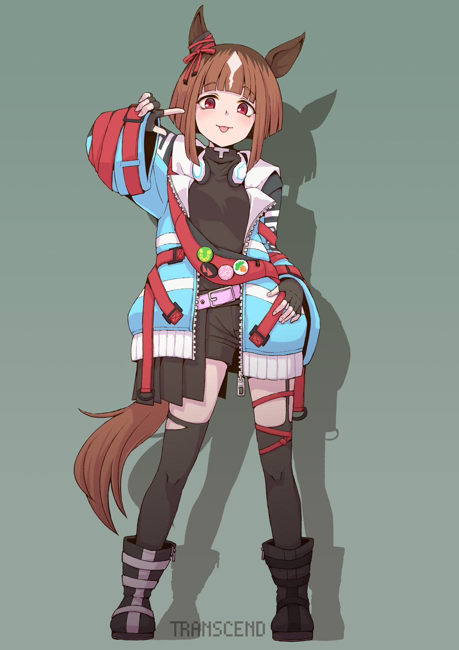 1girl animal_ears badge belt black_boots black_gloves black_shirt black_shorts black_thighhighs blue_coat boots breasts brown_hair button_badge character_name closed_mouth coat contrapposto ear_ornament fanny_pack fingerless_gloves full_body gloves green_background hand_on_own_hip hand_up headphones headphones_around_neck highres horse_ears horse_girl horse_tail long_sleeves looking_at_viewer open_clothes open_coat pointing pointing_at_self red_eyes satomura_kyou shadow shirt short_hair shorts simple_background small_breasts smile solo standing straight-on tail thighhighs tongue tongue_out transcend_(umamusume) umamusume