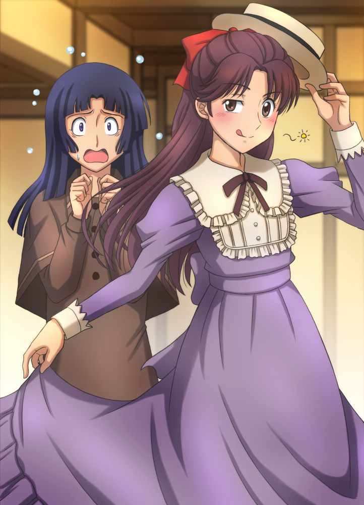 1boy 1girl :o black_eyes black_hair blunt_bangs blush bow brown_capelet brown_eyes brown_hair capelet dress drunk fujii_satoshi haikara-san_ga_tooru hanamura_benio hat hayami_saori indoors juliet_sleeves long_hair long_sleeves looking_at_viewer puffy_sleeves purple_dress ranmaru_fujieda red_bow skirt_hold smile squeans standing tongue tongue_out